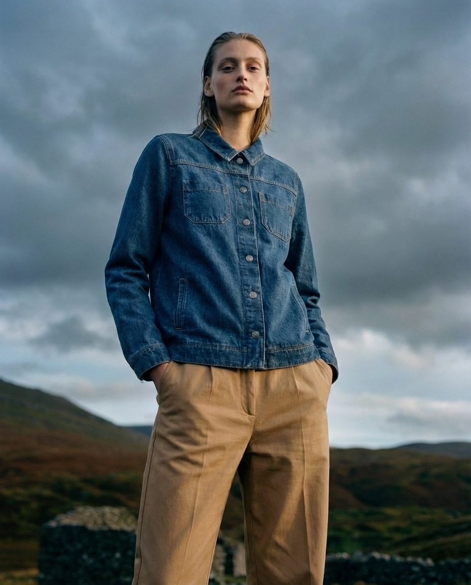 AI-model in profiel met denim jacket, mistige berg in de Schotse hooglanden